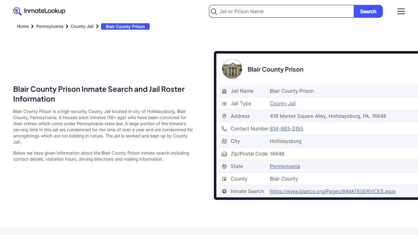 Blair County Prison (PA) Inmate Search Pennsylvania - Inmate Lookup